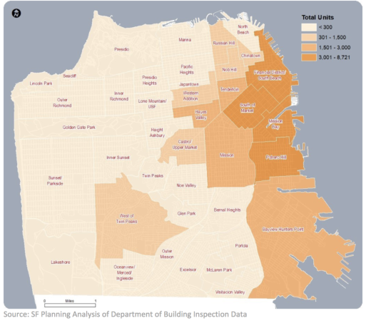 Map of San Francisco showing concentrated population growth along the eastern edge
