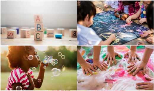 collage of alphabet blocks, children drawing with chalk, children finger painting, and a child blowing bubbles