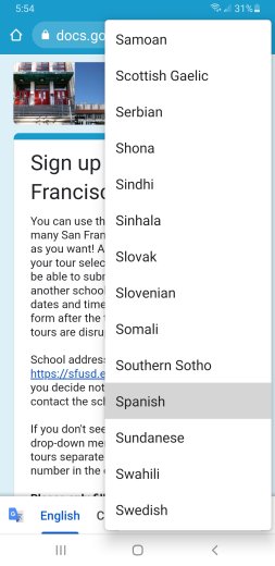 Language selection on translation screen 