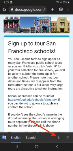 Translation screen for tours sign up form with arrow pointing to vertical dots on the bottom