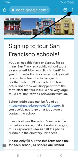 English tour sign up form in Chrome (Android) with three dots highlighted