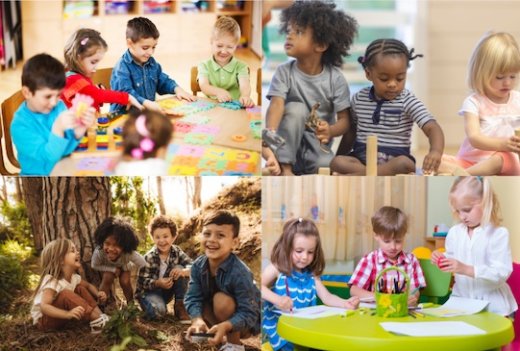 four photos of groups of children