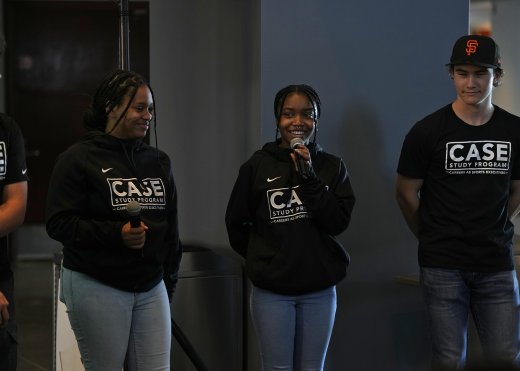 Galileo's Cali Lipscomb, Kamiyah McDowell, and Misha Burton present with their team on Scouting & Player Development at a CASE Study (Careers as Sport Executives) event.