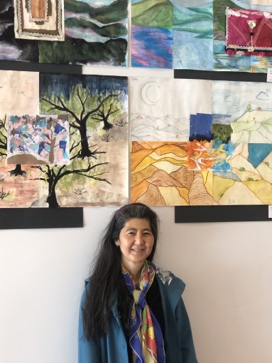 Margaret Pai with her students’ artwork at the de Young at the 2023 Citywide Youth Arts Festival