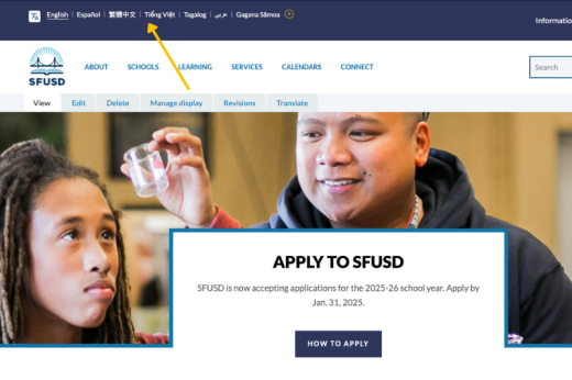 Arrow pointing to language for selection on website