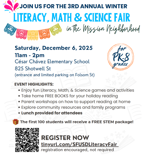 Winter literacy math science fair - dec 6 11-2pm at Cesar Chavez Eleementary