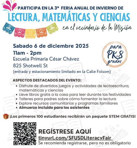 Winter literacy math science fair - dec 6 11-2pm at Cesar Chavez Eleementary