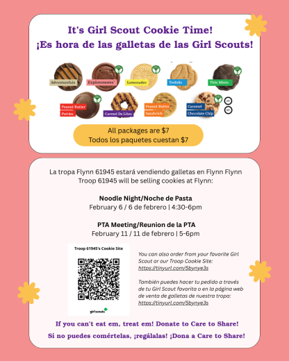 Flyer to buy girl scout cookies from Flynn's troop 