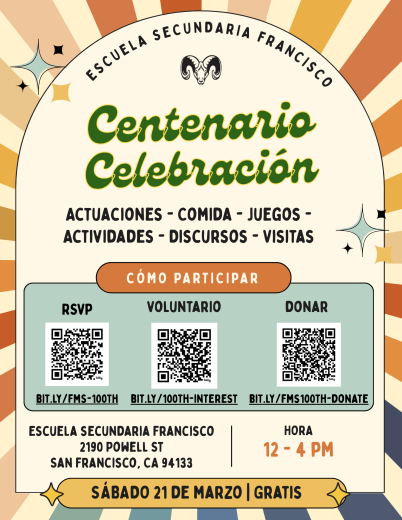 Centennial celebration @Francisco Middle School 12-4pm 3/21