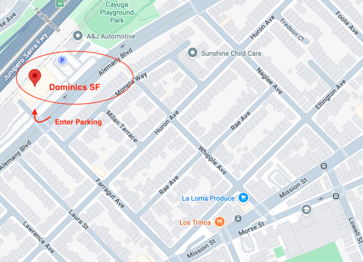 Map showing Dominics SF and arrow to parking entrance