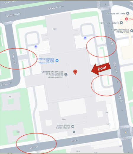 Map with St Marys parking lot entrances from Gough & Ellis streets