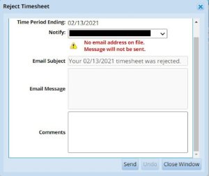 reject timesheet and send message