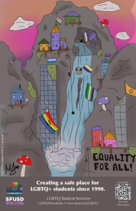 Fantastical mountain village with various LGBTQ pride flags that reads "equality for all" in the corner