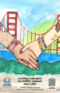 Two hands with LGBTQ flag tattoos hold hands in front of the golden gate bridge
