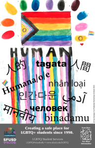 Human written in 11 languages with a progressive flag on the top