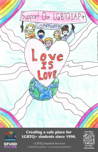 student poster that reads love is love with a heart in the center and rainbows in the corners