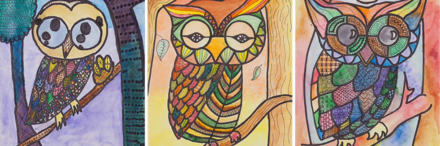 Three colorful watercolor paintings of owls