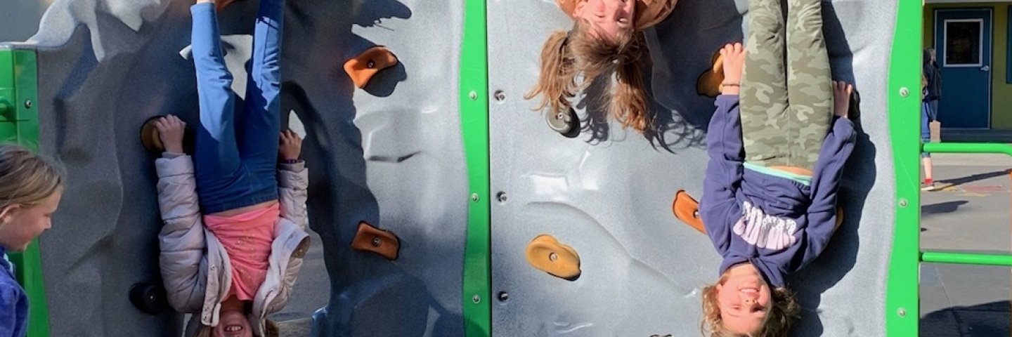 kids hanging upside down from climbing wall