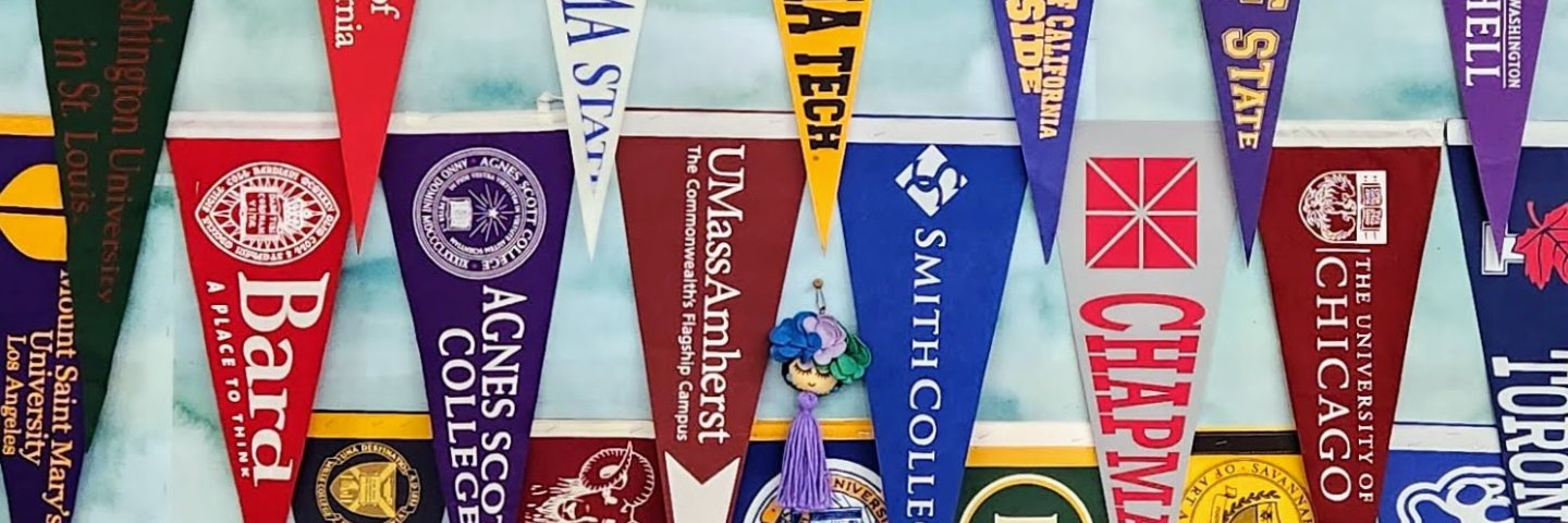 image shows college pennants hanging on a wall