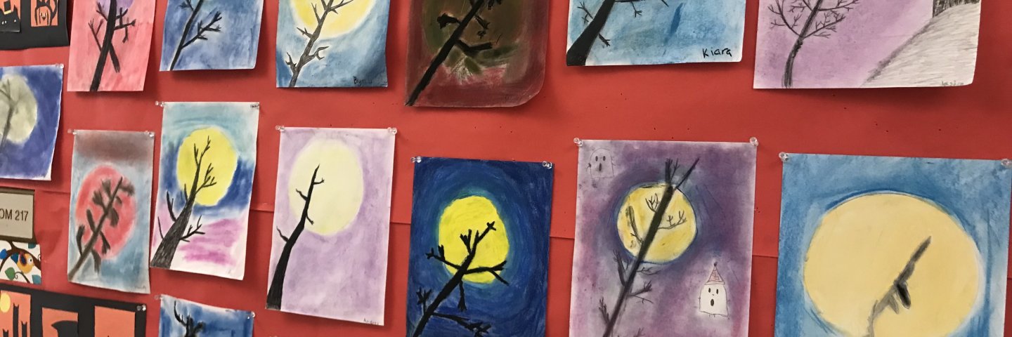 fall watercolor scenes with branches in front and the moon in back