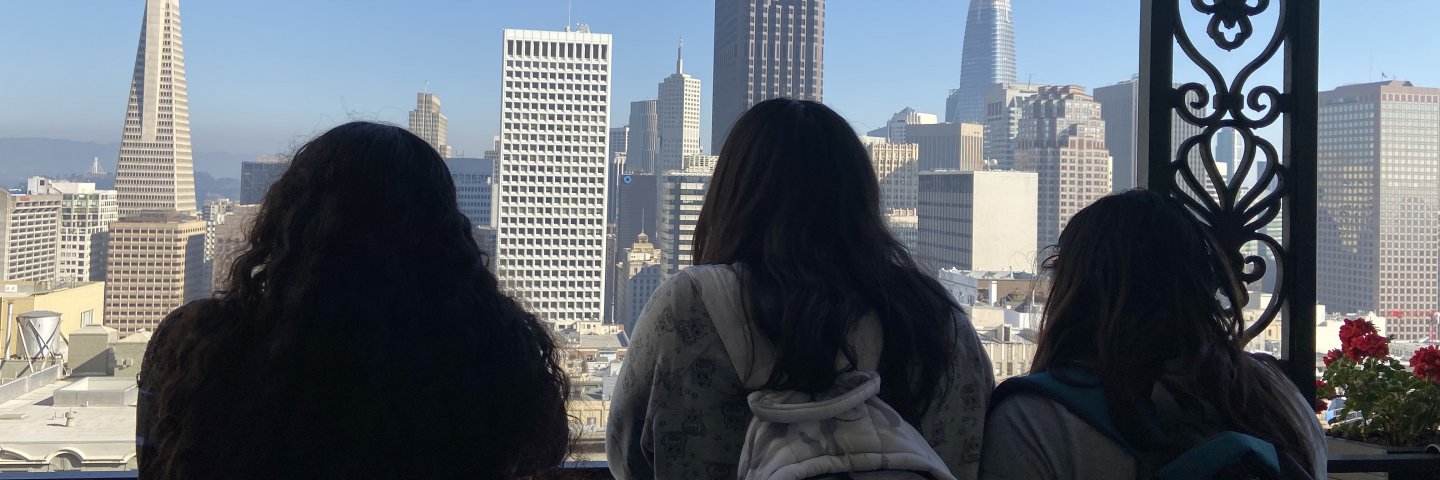 Three students look out from the Fairmont Hotel's and view the cityscape of San Francisco. 