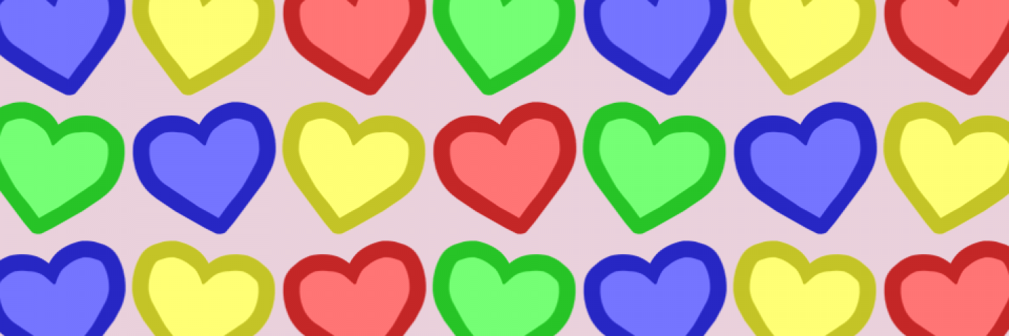 pattern of red, green, blue, and yellow heart cliparts