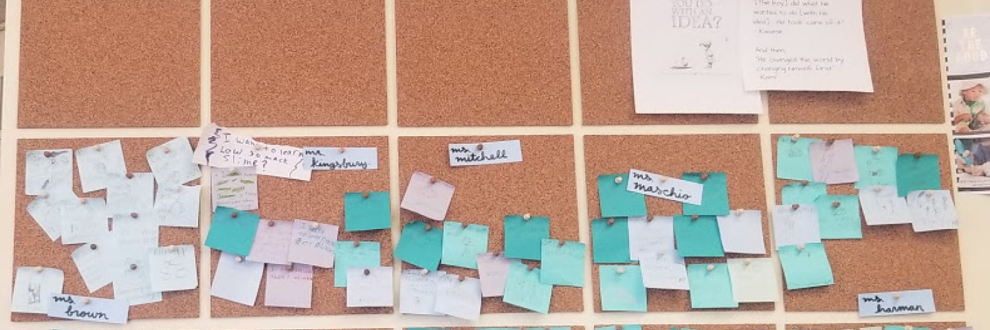 Bulletin board with post-its filled with students' questions.