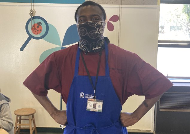 Mashkoor "Tunji" Elegbede, a Student Nutrition Services worker at SFUSD, at Bryant Elementary School