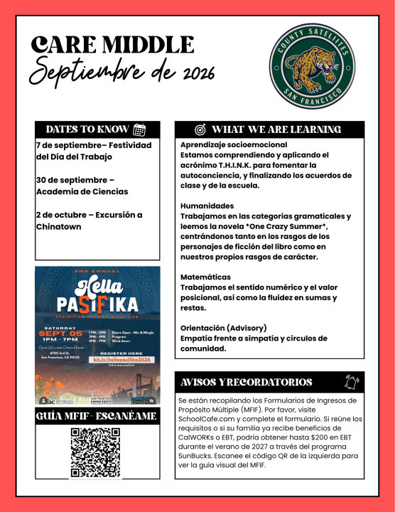 September Newsletter in Spanish for Middle School guardians to view and read