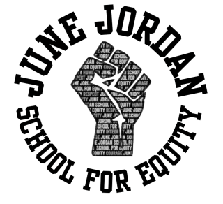 June Jordan School for Equity written in a circle to surround a fist.