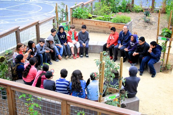 Students sitting in school garden listening to teacher 