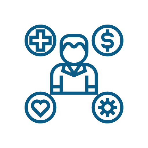 Icon of person surrounded by benefits symbols