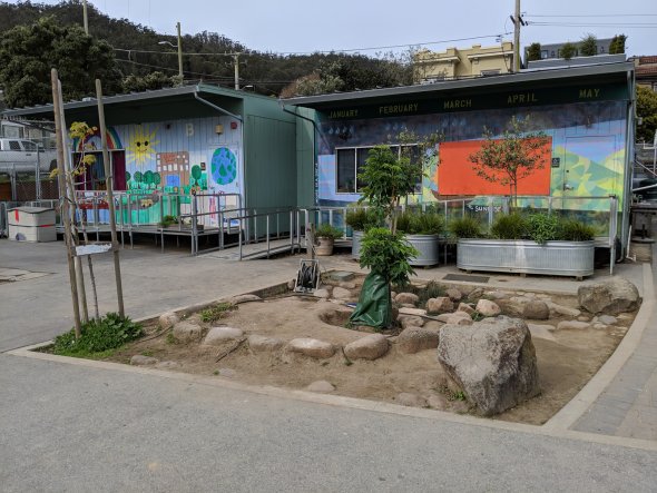 School play yard with landscaping and two colorfully painted bungalow classrooms