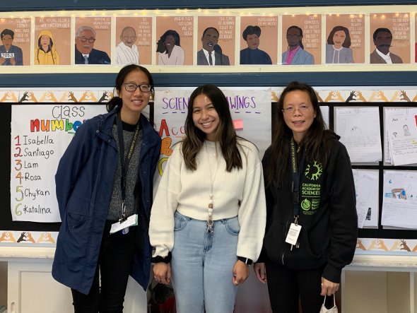 Third grade teachers standing in front of the bulletin board, From right to left: Anna Chan, Jevena Diaz, and Cindy Sin-Lee. 