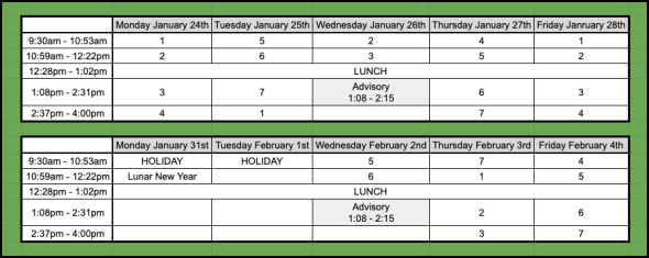 FMS January 24th to Feb 4th 2022 Bell Schedule