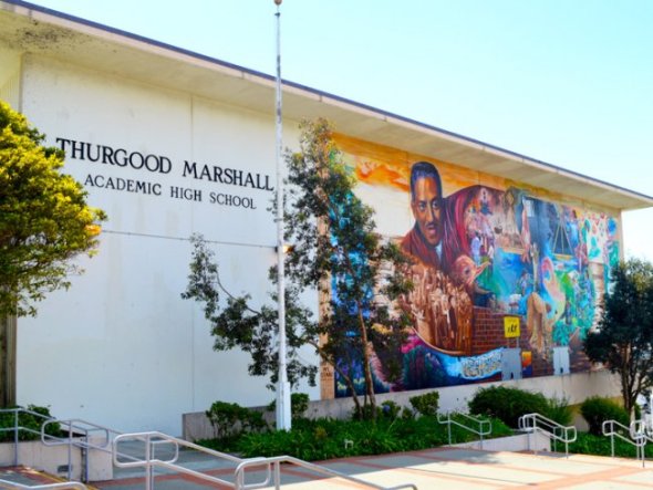 Image of mural outside Thurgood Marshall high school