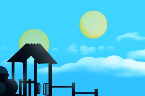 Playground in foreground with sun and moon in the background 