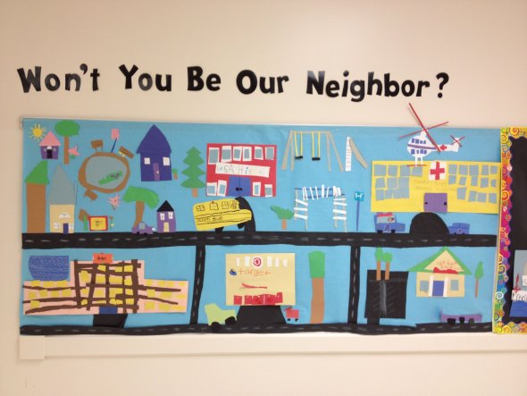 Mural of neighborhoods by kindergarteners 