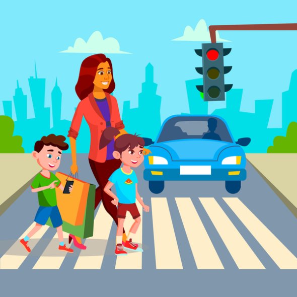 Illustration of adult and two children crossing the street in crosswalk