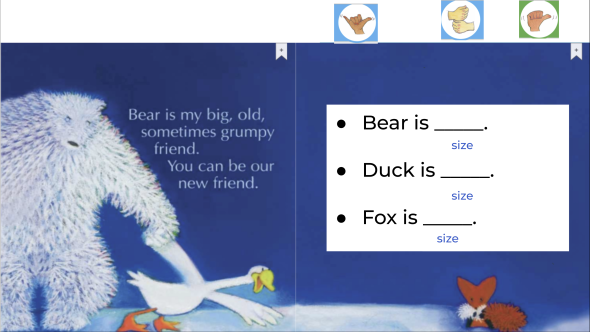 chart with animals of different sizes and sentence stems to support use of size words