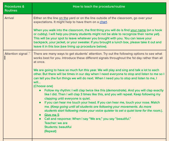 Procedures and Routines Checklist