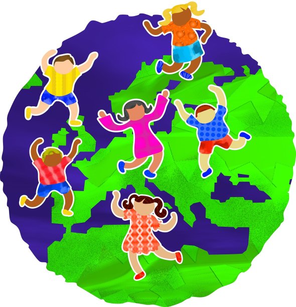 Cartoon kids dancing on globe