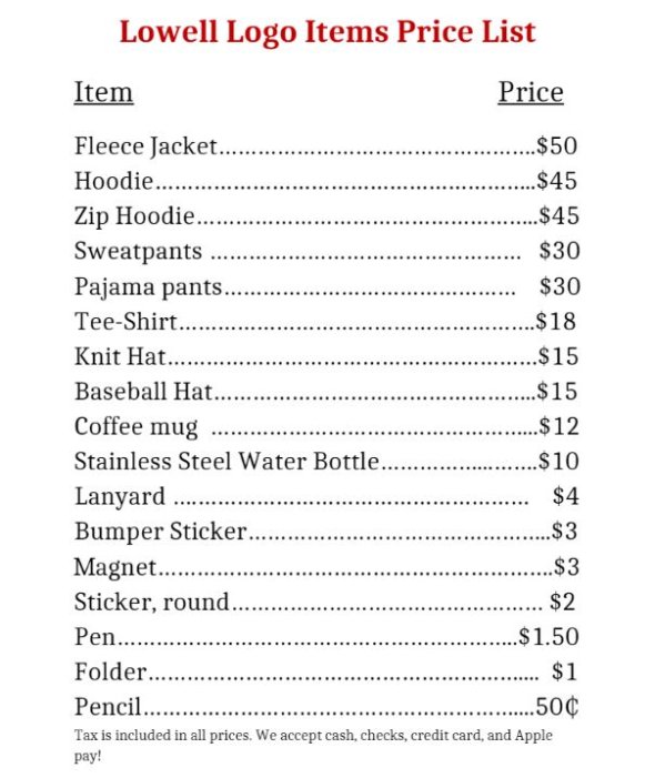 Price list for the Book to Book student store at Lowell