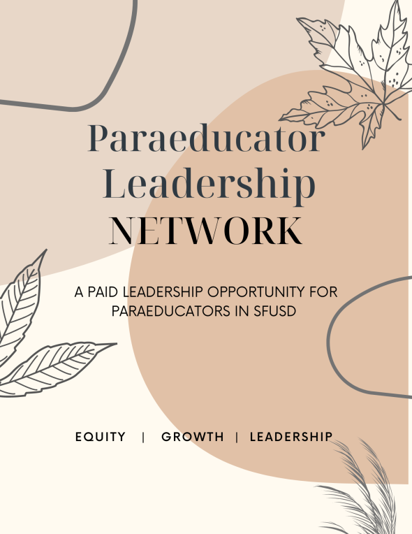 Paraeducator leadership network flyer with neutral colors and black and white leaf drawings