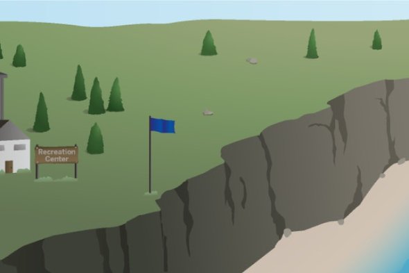 A field of grass and sporadic trees with a sharp cliff leading to a beach