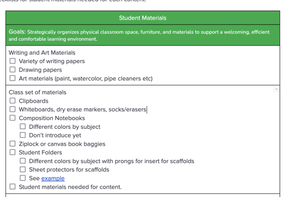 Student materials checklist