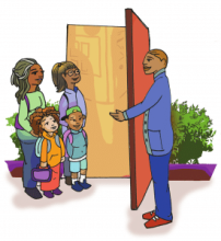 family being greeted by staff member