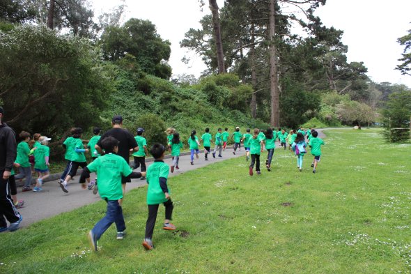 Class of 4th or 5th grade students engaged in 5K run