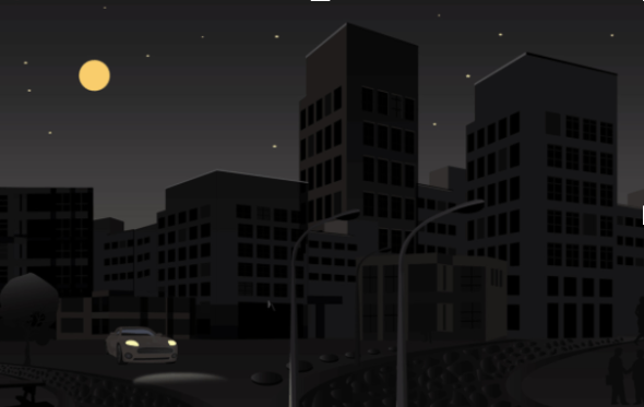 Illustration of urban setting at night being lit by moonlight and car headlights only. 