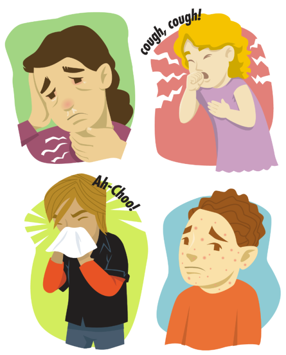 Illustration of people coughing, sneezing, and feeling sick